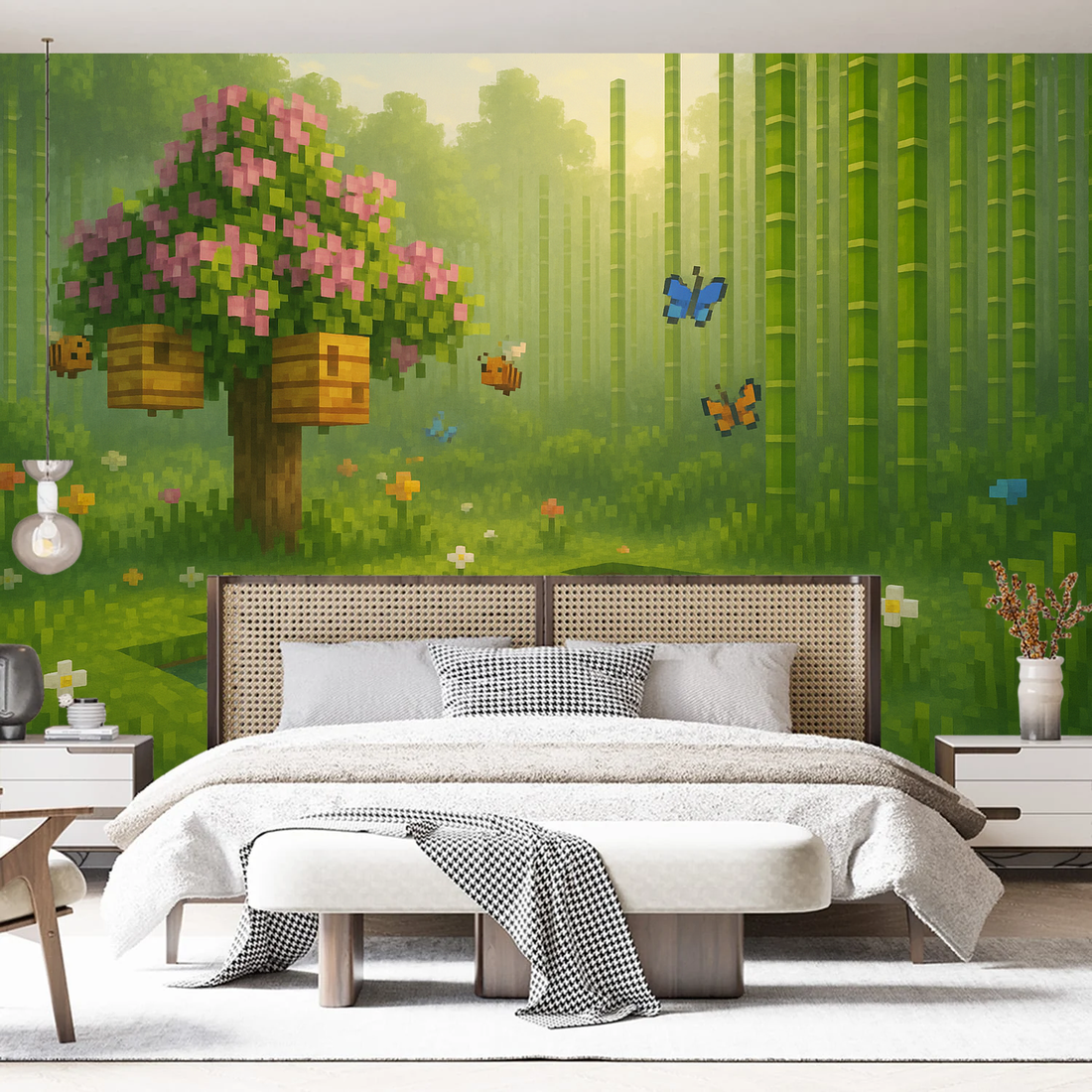 Person smoothing a large botanical wall mural panel onto a prepared living room wall