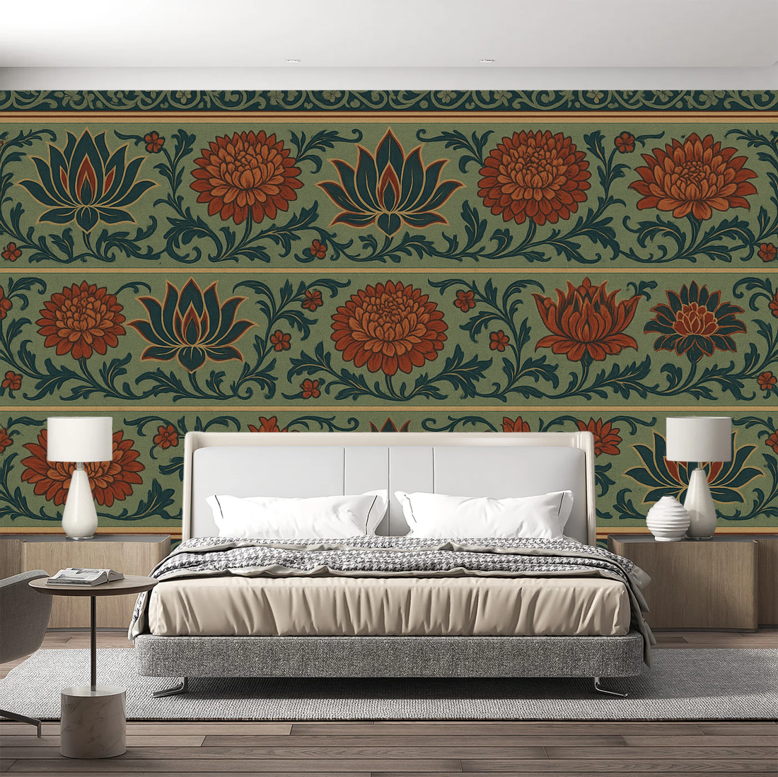 Elegant bedroom with a large-scale floral wallpaper mural behind a linen bed, styled with warm wood furniture and soft bedside lighting