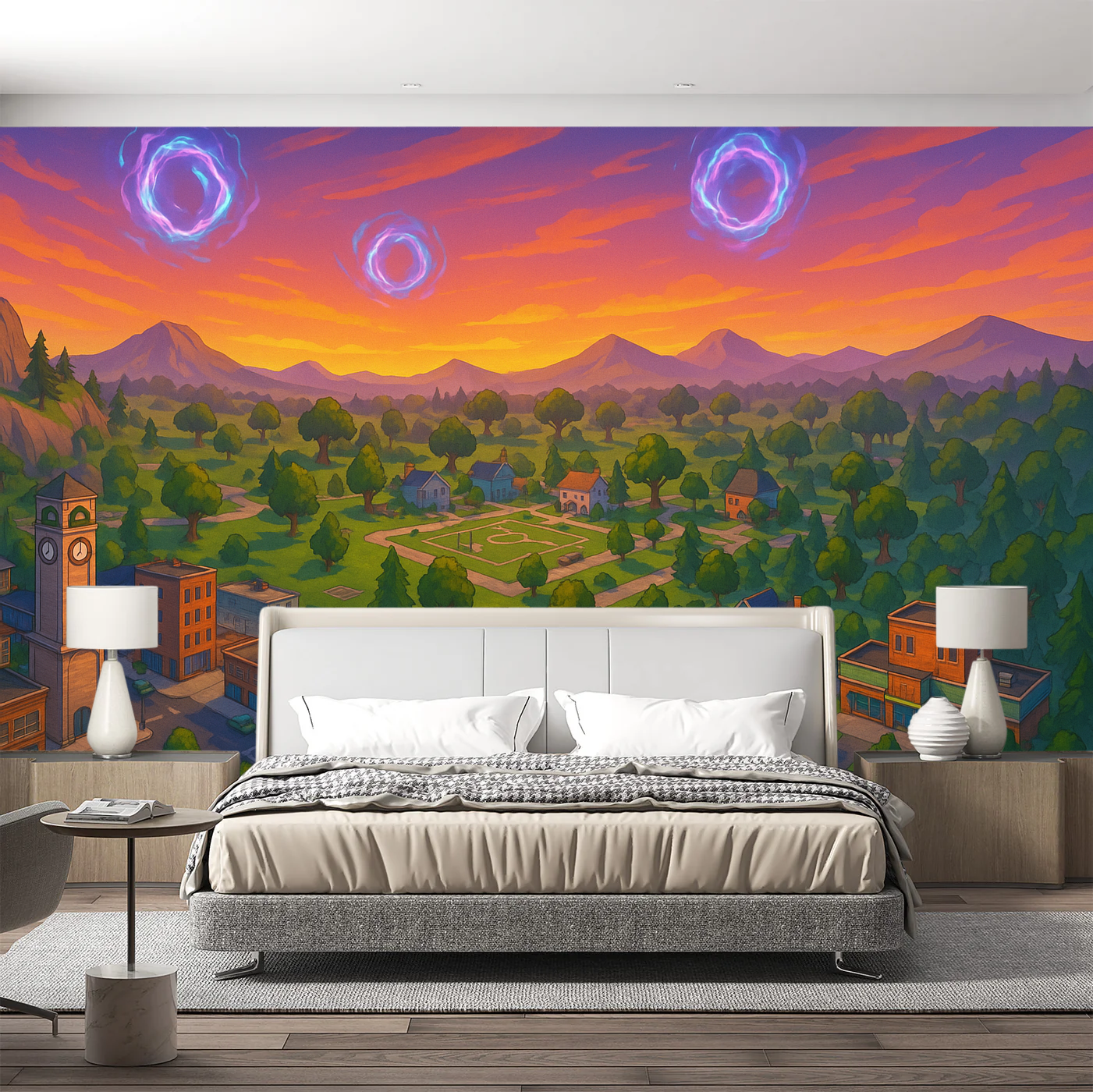 Person measuring a living room wall with a tape measure before ordering a made-to-measure mural