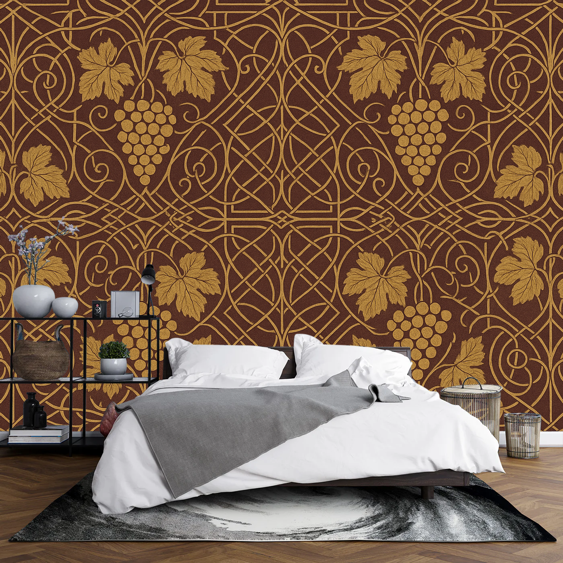 Two made-to-measure wall mural samples on a neutral wall showing Classic paste-the-wall and Peel and Stick finishes