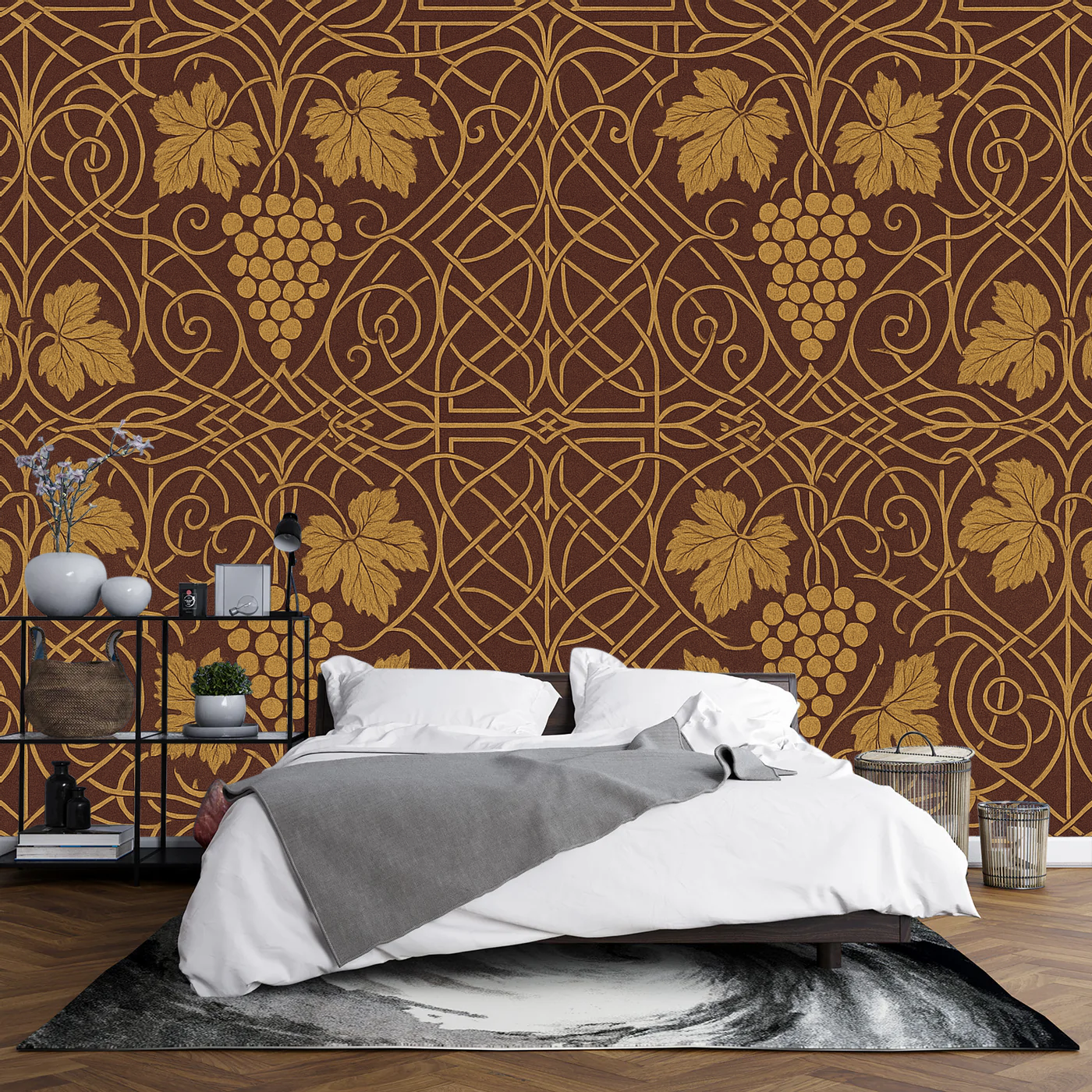 Two made-to-measure wall mural samples on a neutral wall showing Classic paste-the-wall and Peel and Stick finishes