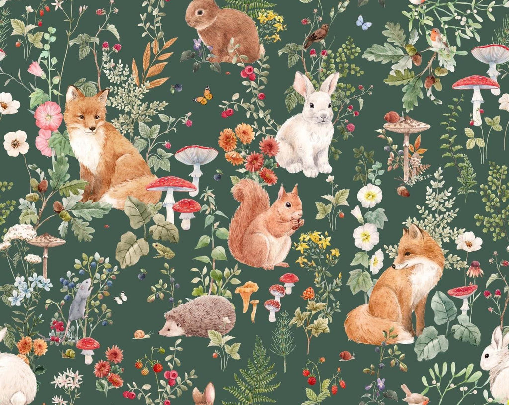 Forest Animals Mural Wallpaper | Woodland Creatures With Mushrooms