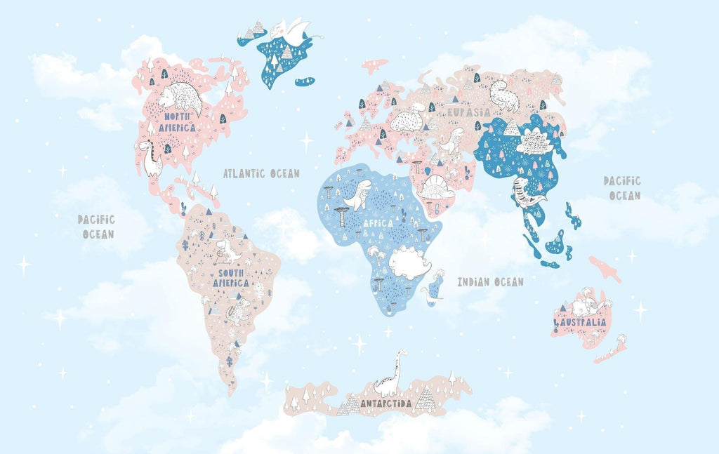 World Map Mural Wallpaper | Dinosaur Adventure in Pastel Colors