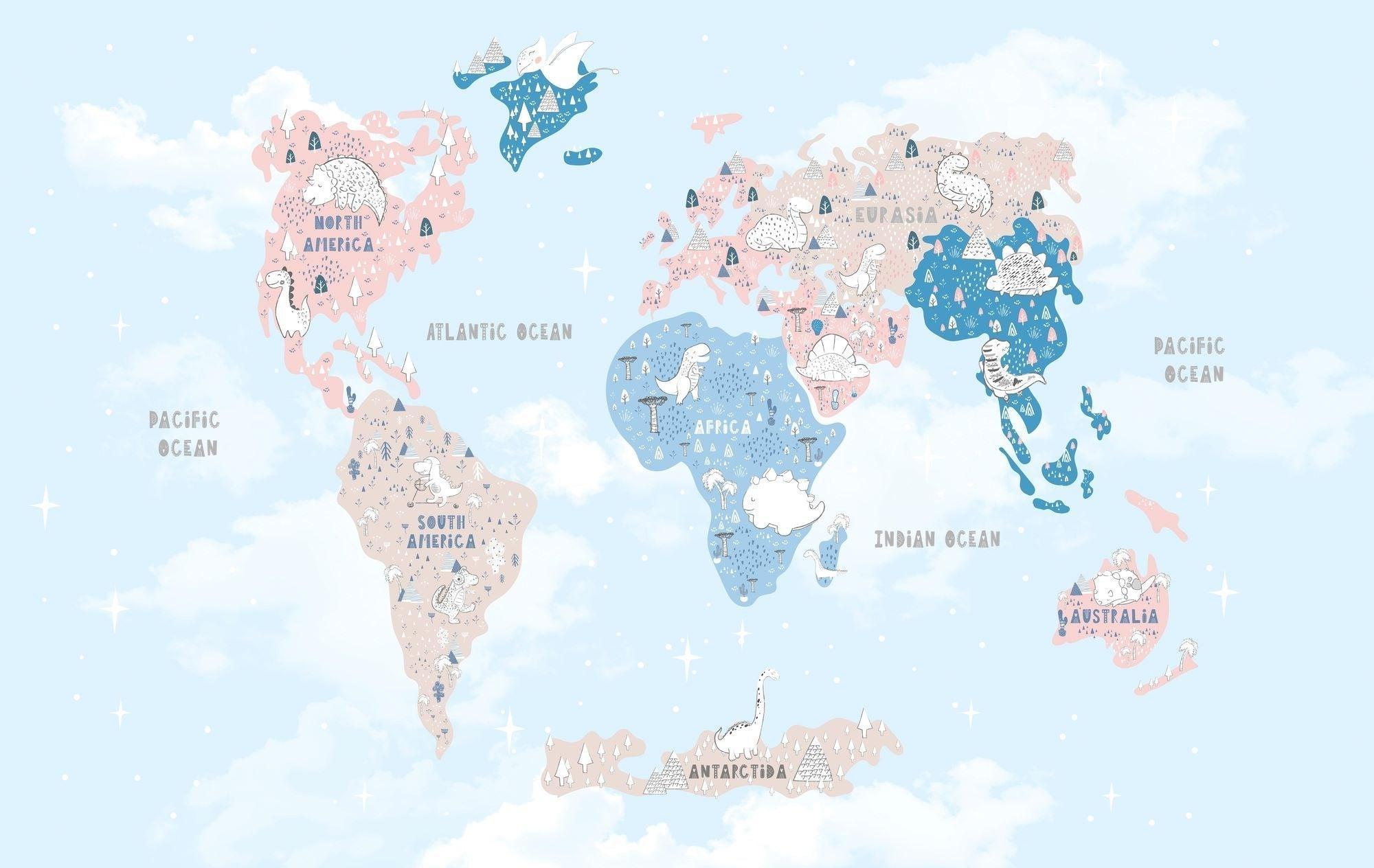 World Map Mural Wallpaper | Dinosaur Adventure in Pastel Colors