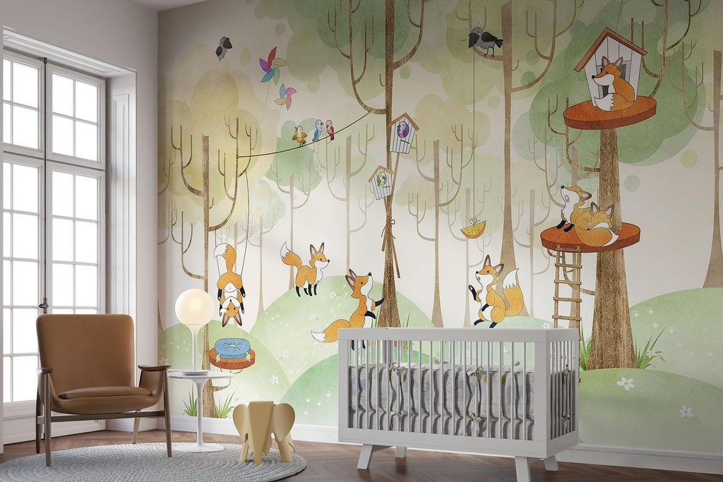 Forest Animals Mural Wallpaper | Playful Fox Treehouse Scene