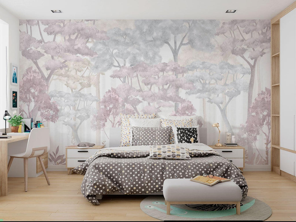 Forest Mural Wallpaper | Dreamy Pink and Grey Watercolor Trees