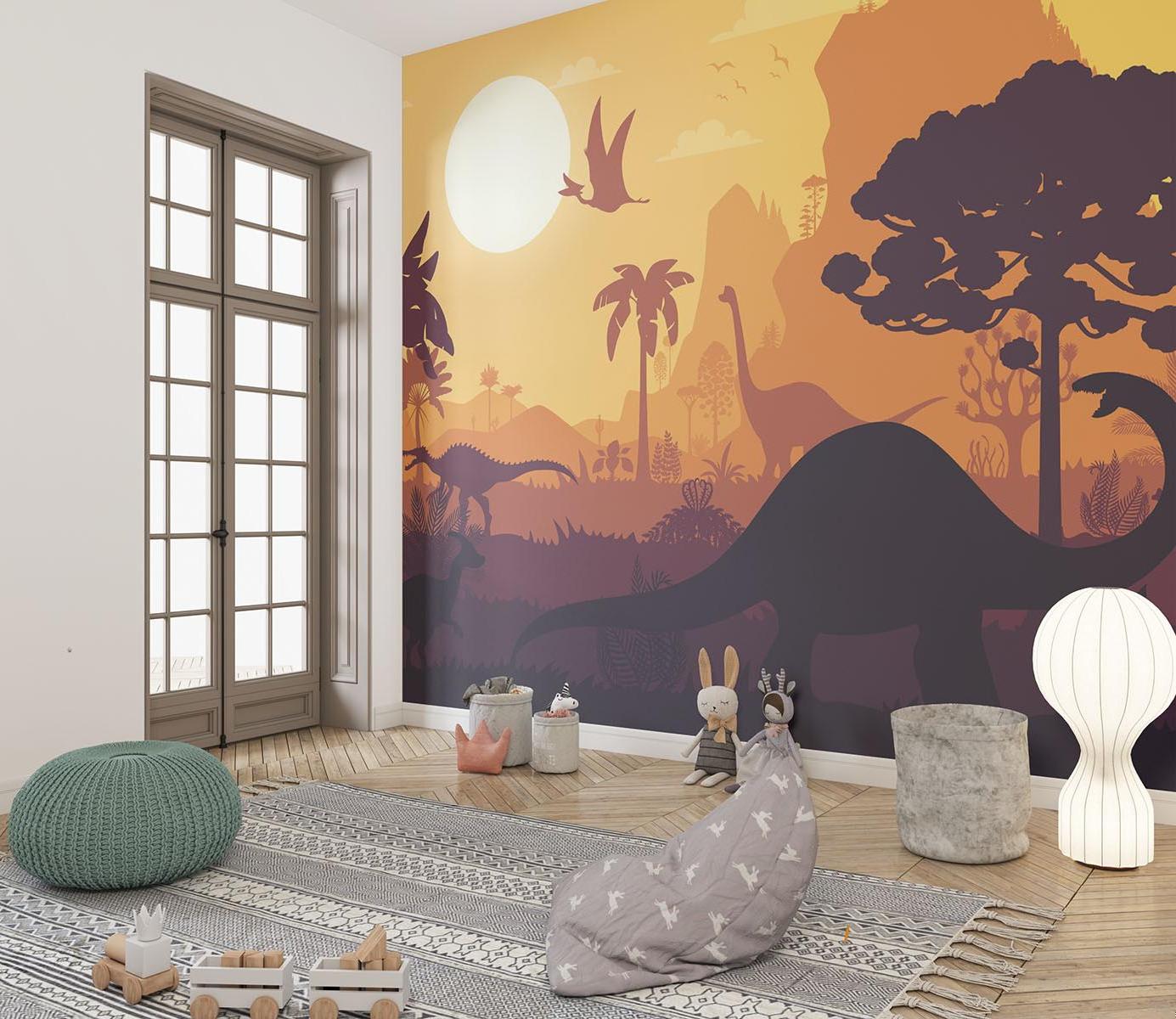 Dinosaur Mural Wallpaper | Prehistoric Sunset Landscape