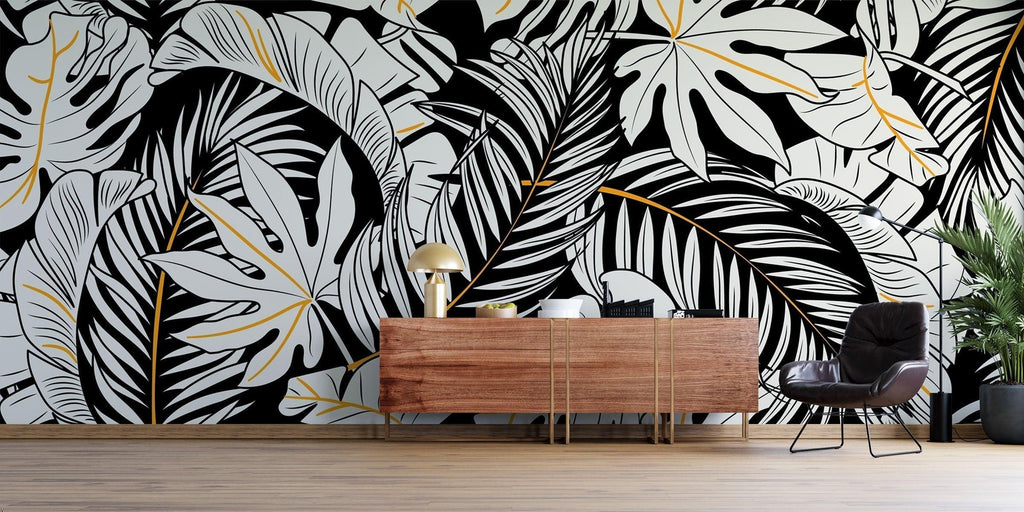 Tropical Mural Wallpaper | Black and White Monstera with Gold Accents
