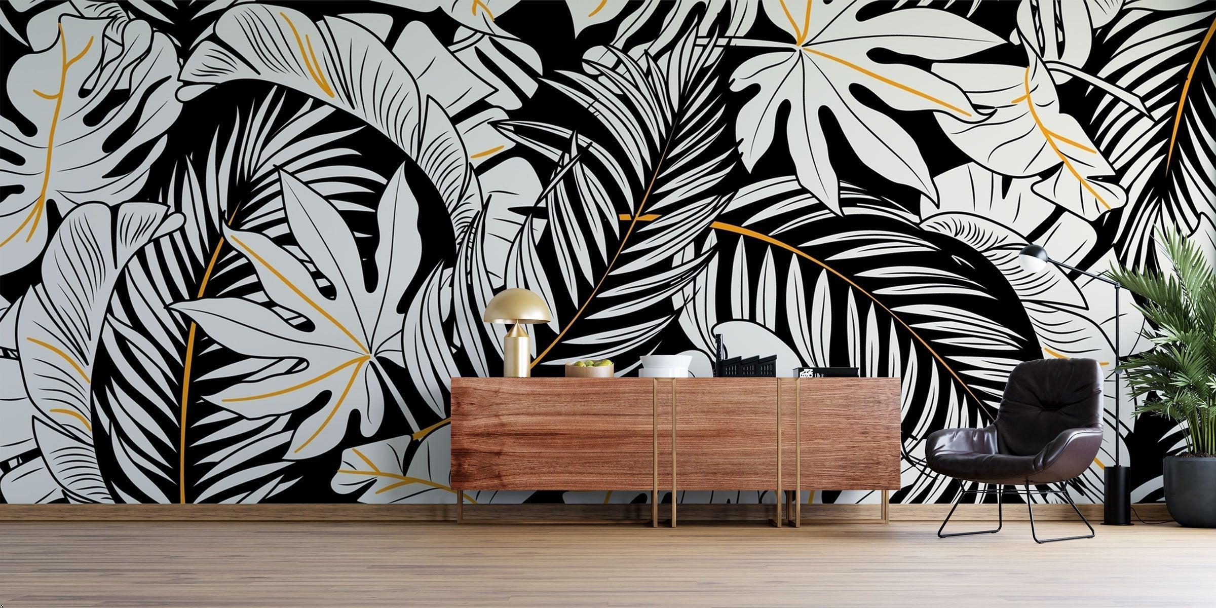 Tropical Mural Wallpaper | Black and White Monstera with Gold Accents