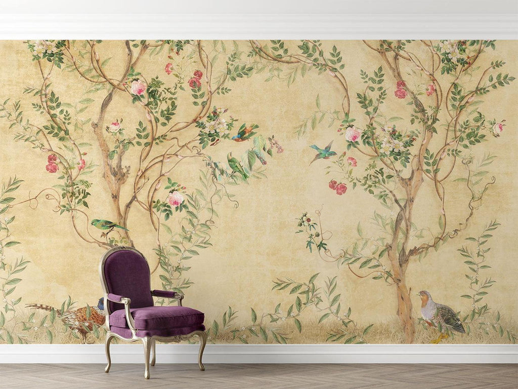 Vintage Floral Mural Wallpaper | Birds and Roses Chinoiserie Design