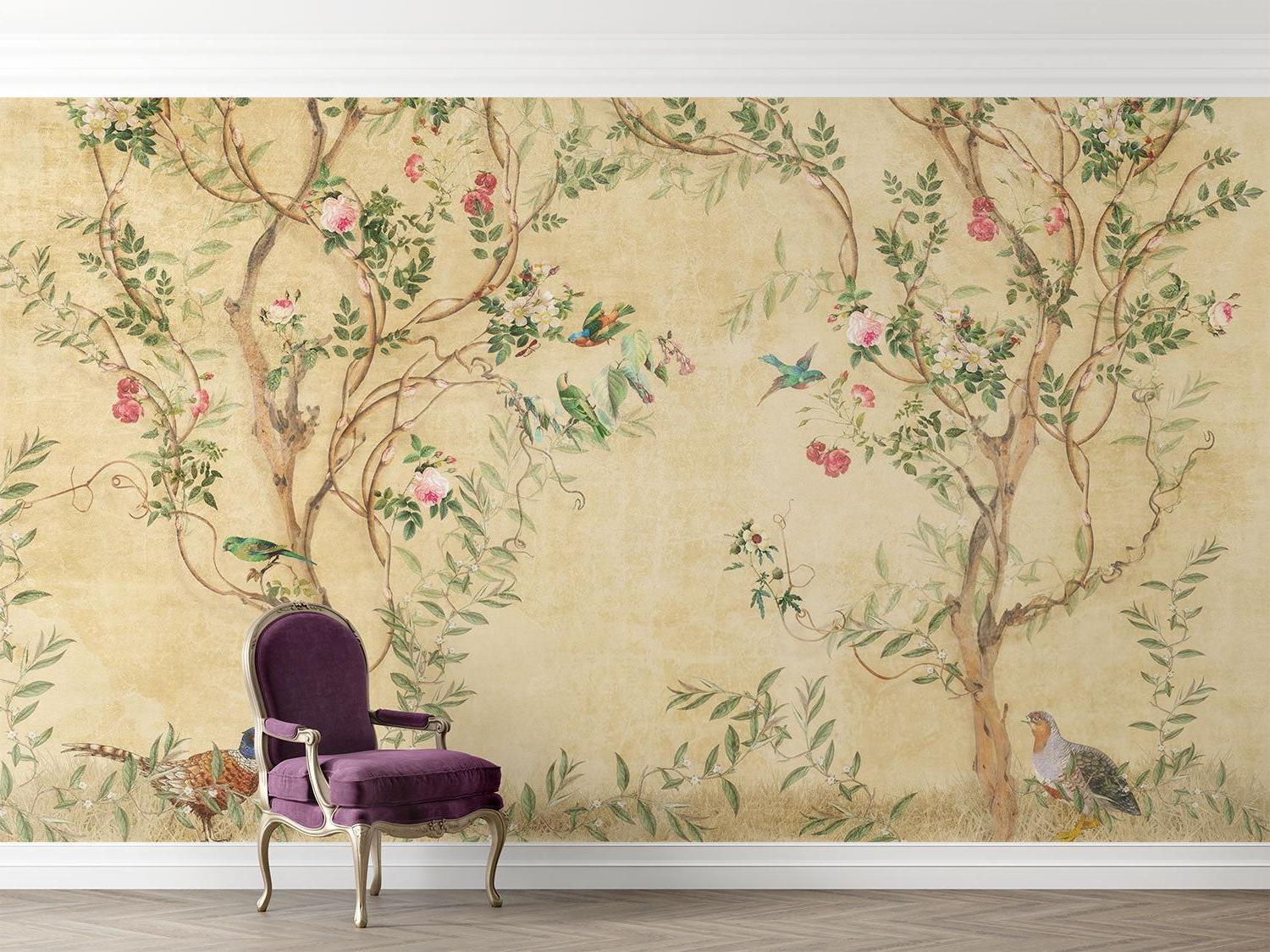 Vintage Floral Mural Wallpaper | Birds and Roses Chinoiserie Design