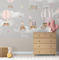 Hot Air Balloon Mural Wallpaper | Animal Adventure in Pink and Grey