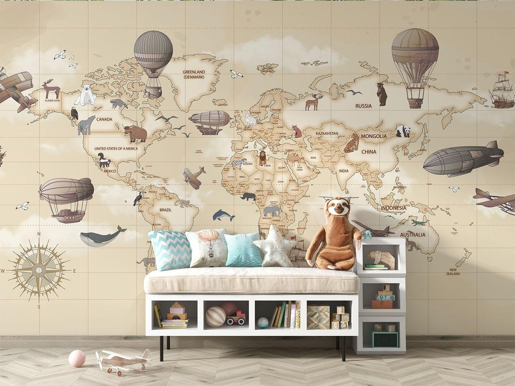 World Map Mural Wallpaper | Vintage Adventure Theme With Hot Air Balloons