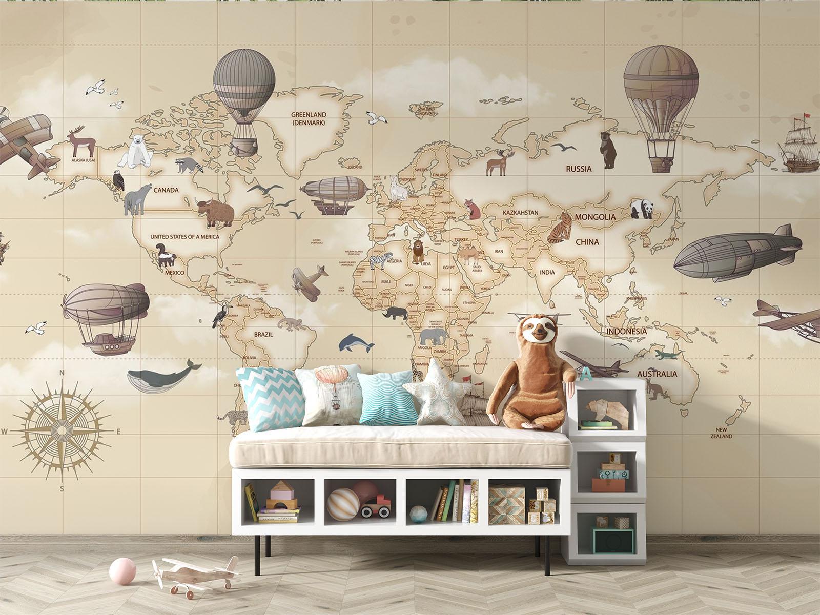 World Map Mural Wallpaper | Vintage Adventure Theme With Hot Air Balloons