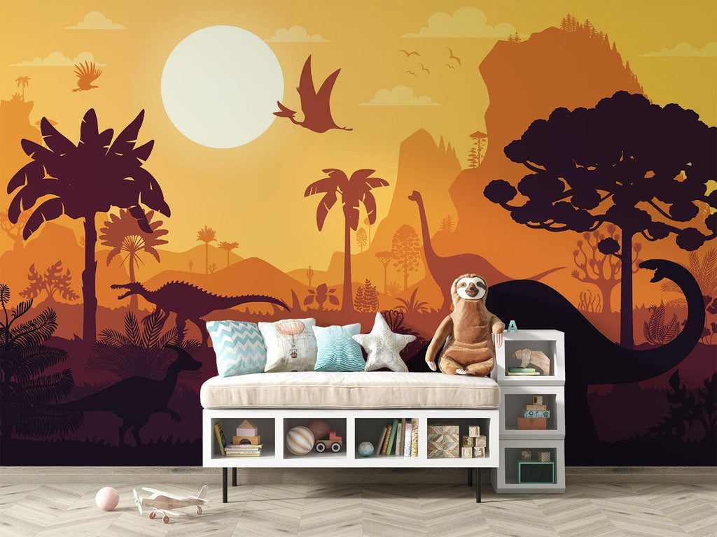 Dinosaur Mural Wallpaper | Prehistoric Sunset Landscape