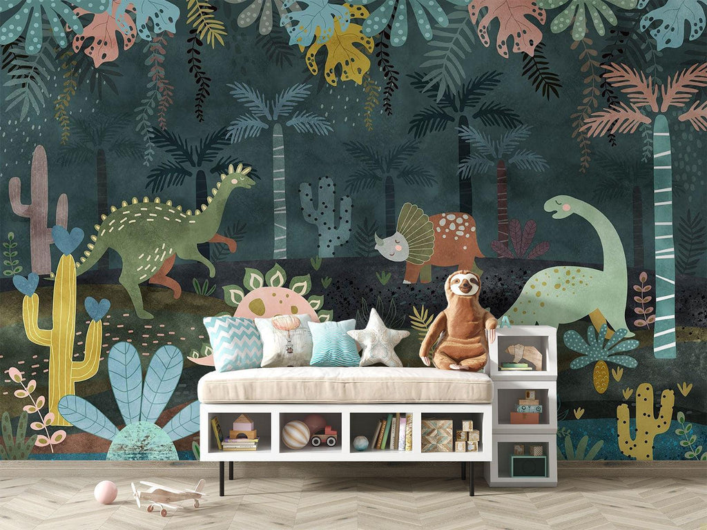 Dinosaur Mural Wallpaper | Jungle Adventure with Pastel Characters