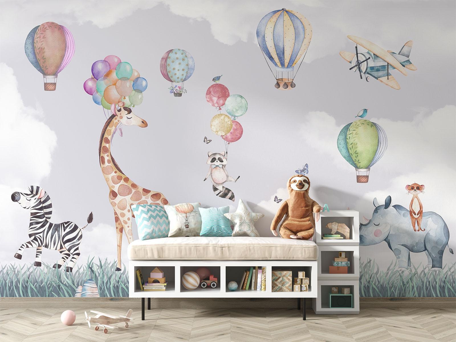 Safari Animals Mural Wallpaper | Watercolor Hot Air Balloon Adventure