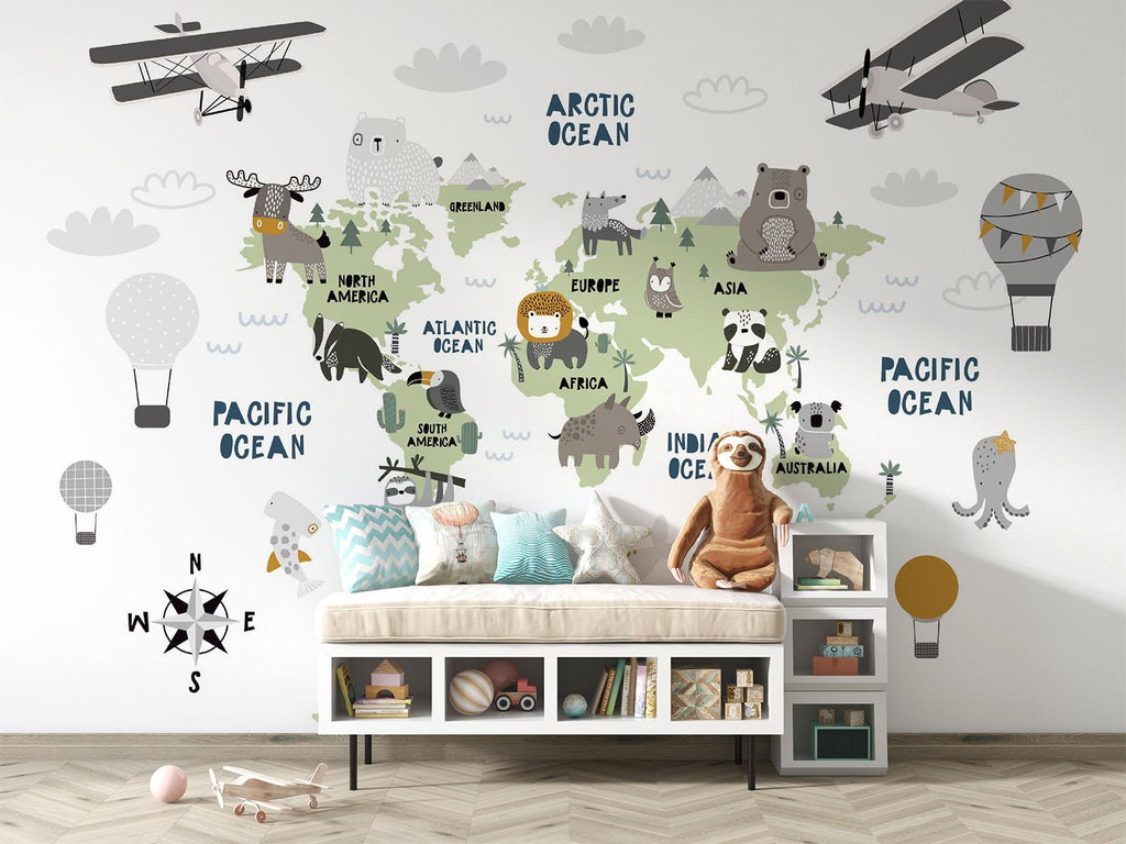 World Map Mural Wallpaper | Kids Adventure Theme with Animals