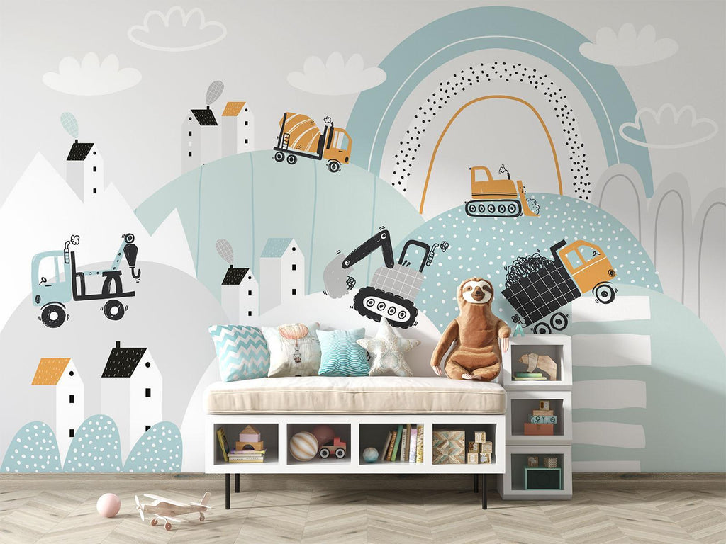 Construction Mural Wallpaper | Playful Vehicle Scene With Rainbow