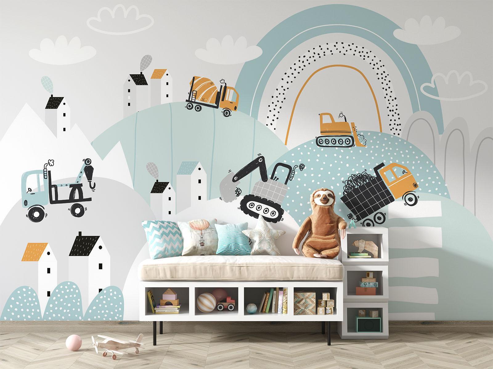 Construction Mural Wallpaper | Playful Vehicle Scene With Rainbow