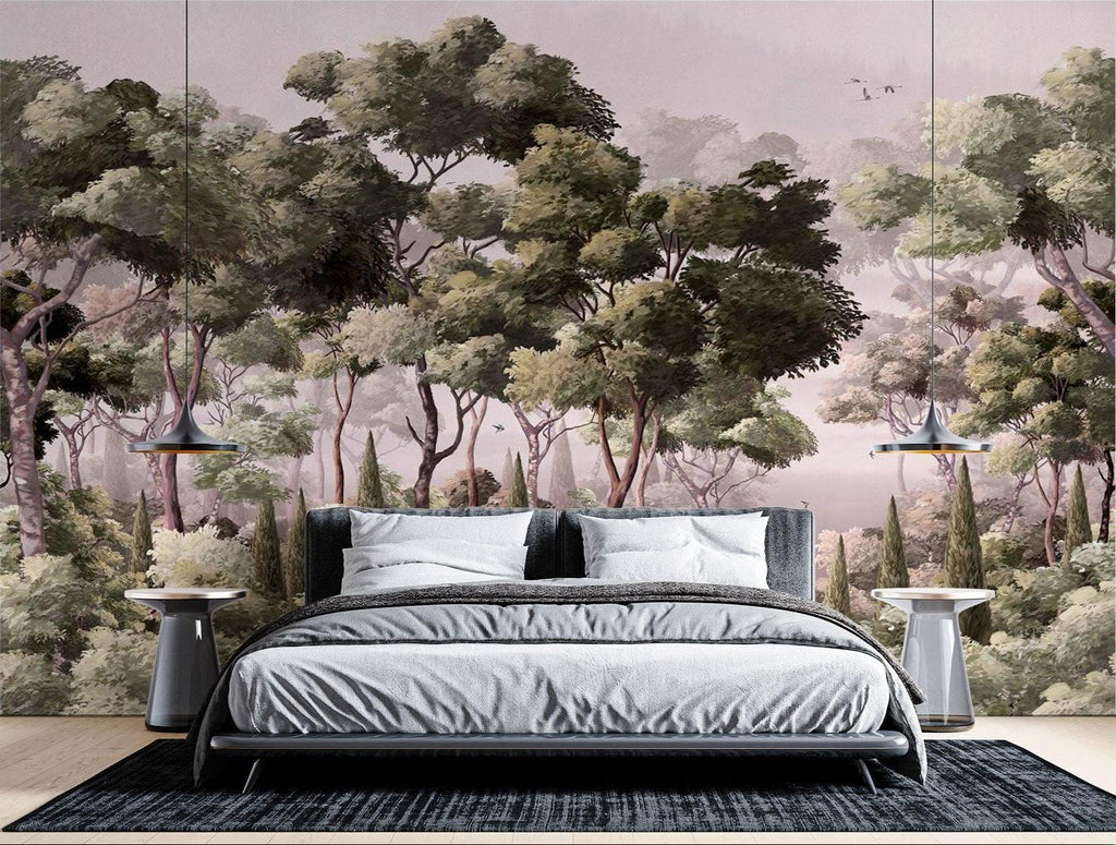 Forest Mural Wallpaper | Misty Green Woodland Scene
