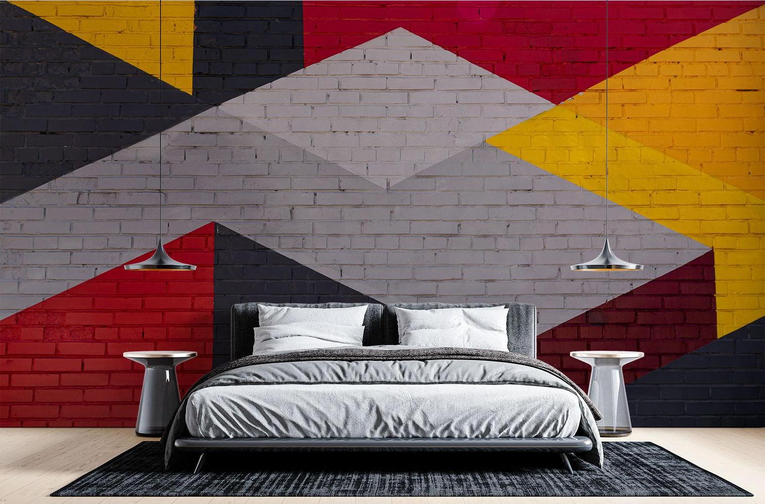 Geometric Mural Wallpaper | Modern Brick Pattern with Red and Yellow