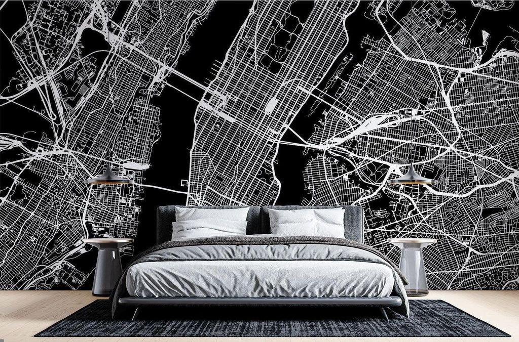 City Map Mural Wallpaper | Modern Black and White Urban Design