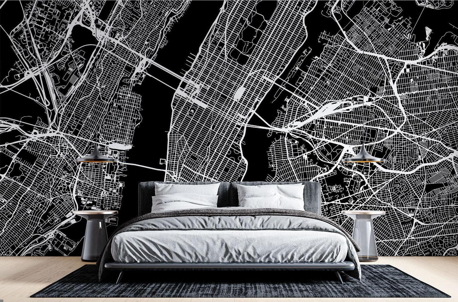 City Map Mural Wallpaper | Modern Black and White Urban Design