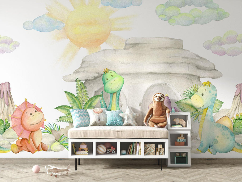 Dinosaur Mural Wallpaper | Watercolor Pastel Baby Dragons Cave