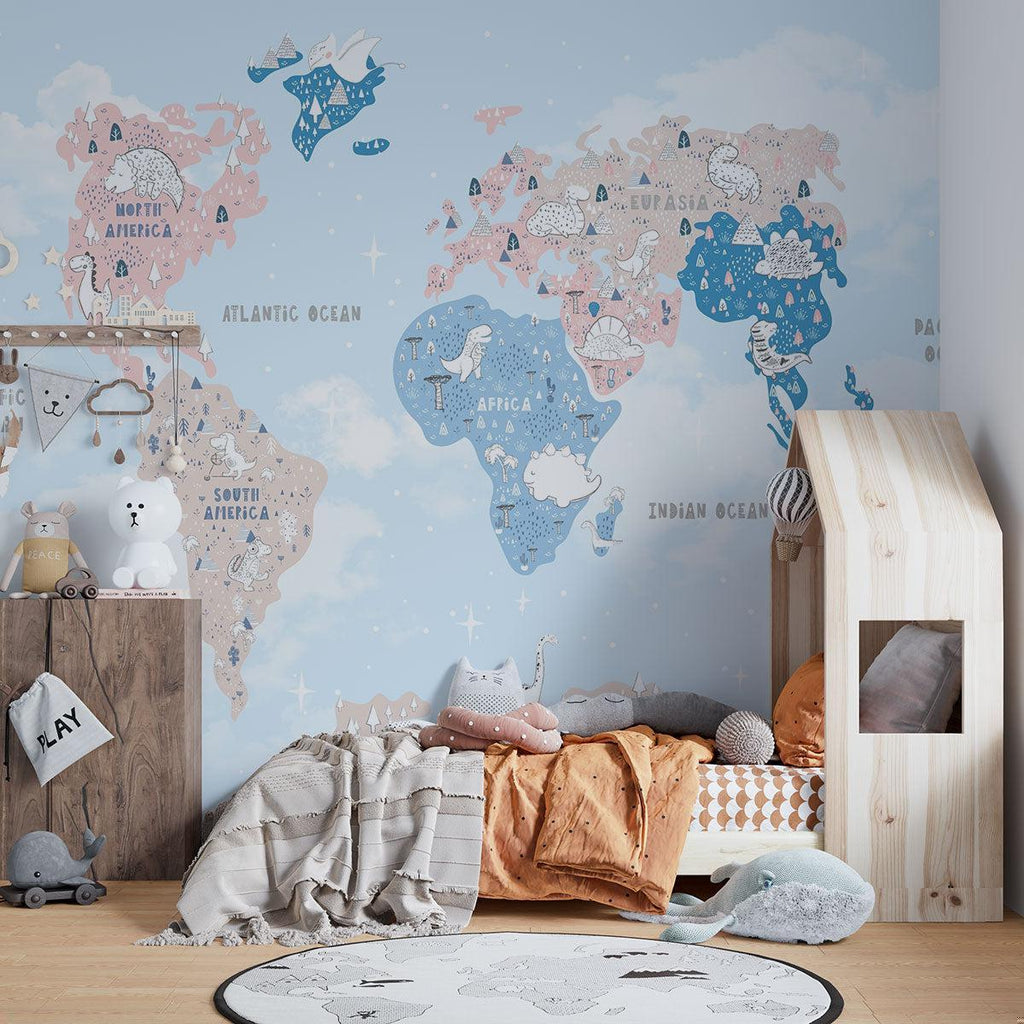 World Map Mural Wallpaper | Dinosaur Adventure in Pastel Colors