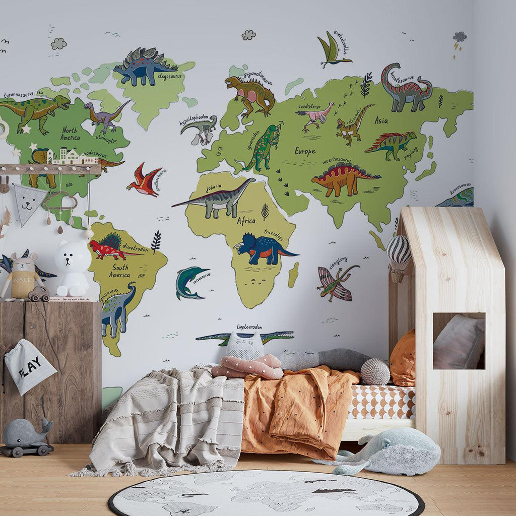 Dinosaur Mural Wallpaper | World Map Educational Design
