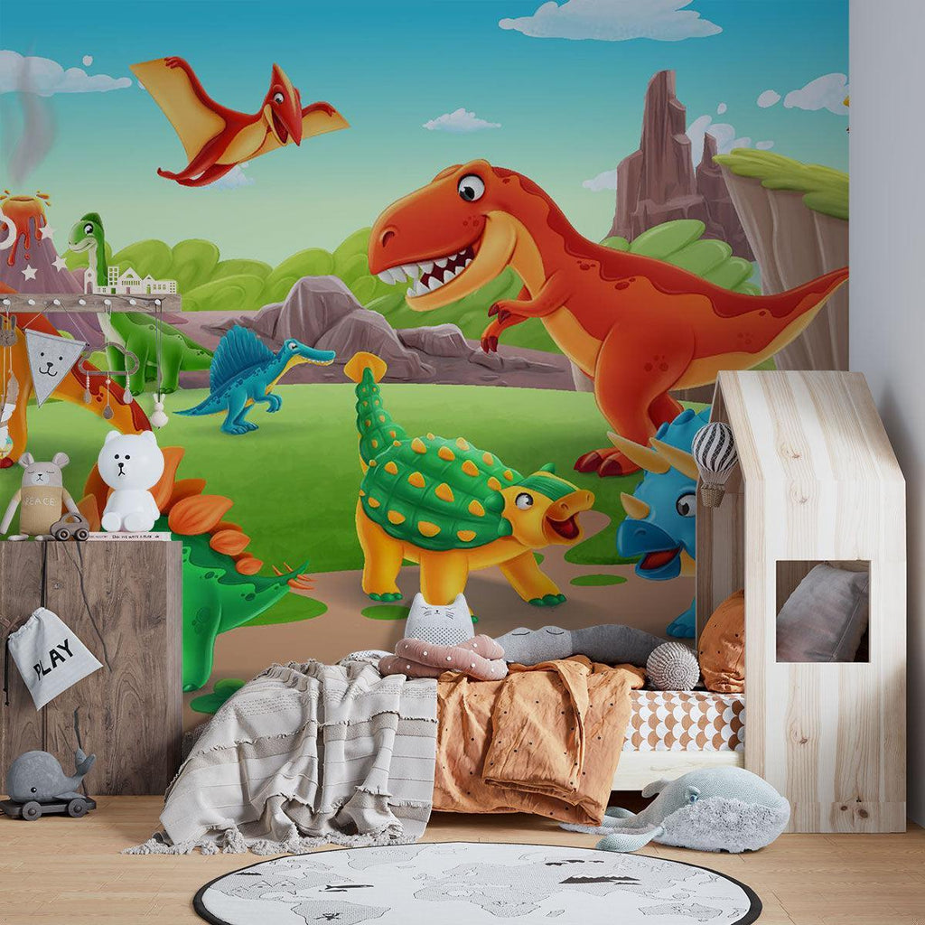 Dinosaur Mural Wallpaper | Colorful Prehistoric Adventure Scene