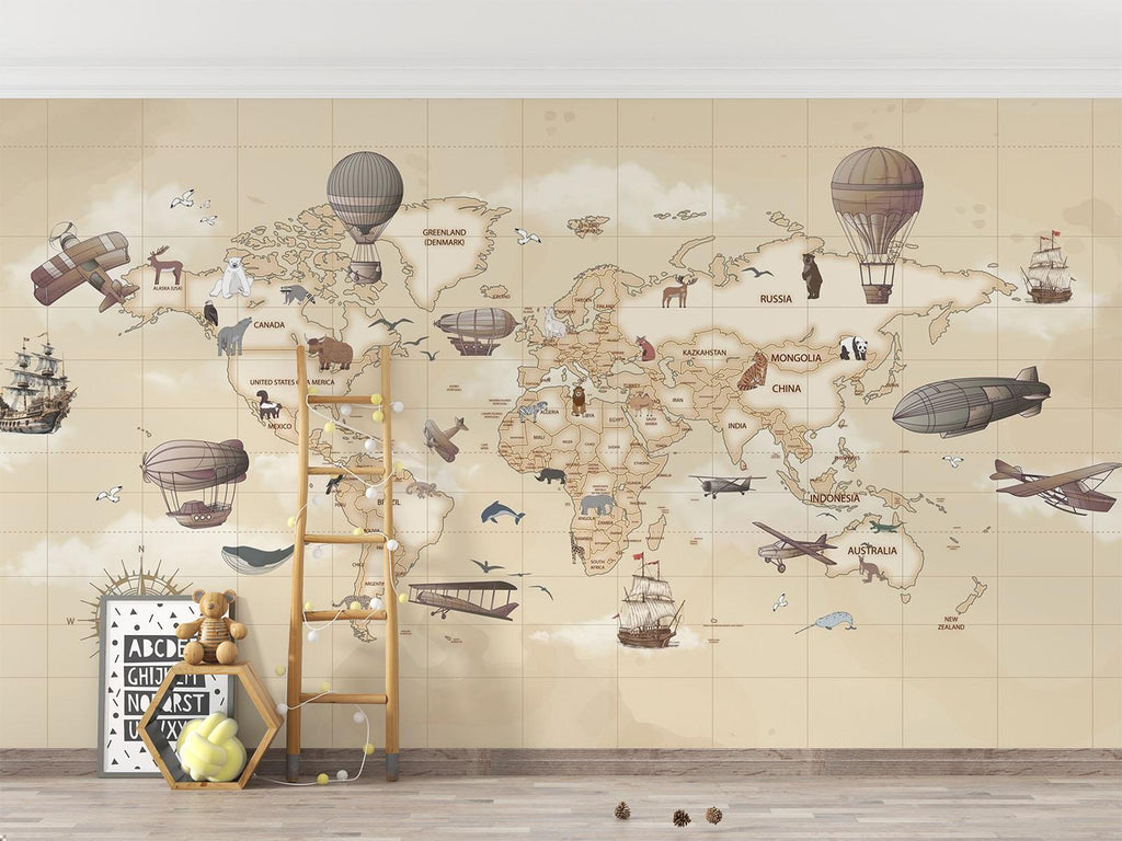 World Map Mural Wallpaper | Vintage Adventure Theme With Hot Air Balloons