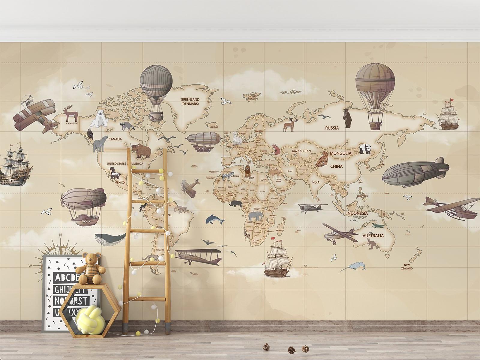 World Map Mural Wallpaper | Vintage Adventure Theme With Hot Air Balloons