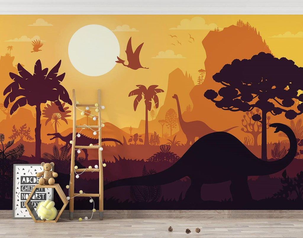 Dinosaur Mural Wallpaper | Prehistoric Sunset Landscape
