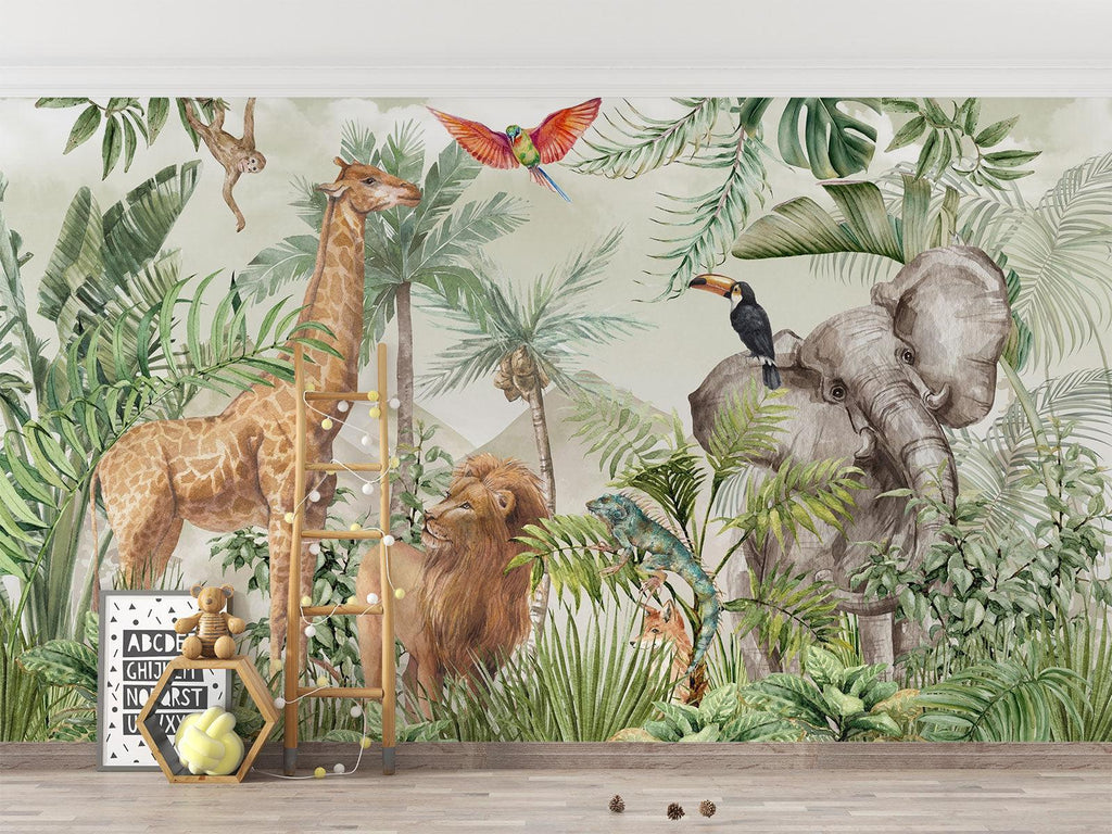 Jungle Animals Mural Wallpaper | Safari Wildlife with Tropical Foliage