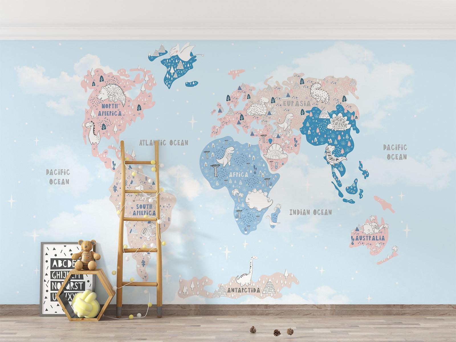 World Map Mural Wallpaper | Dinosaur Adventure in Pastel Colors