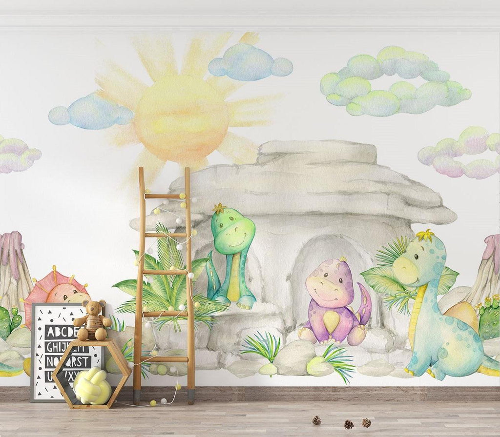 Dinosaur Mural Wallpaper | Watercolor Pastel Baby Dragons Cave