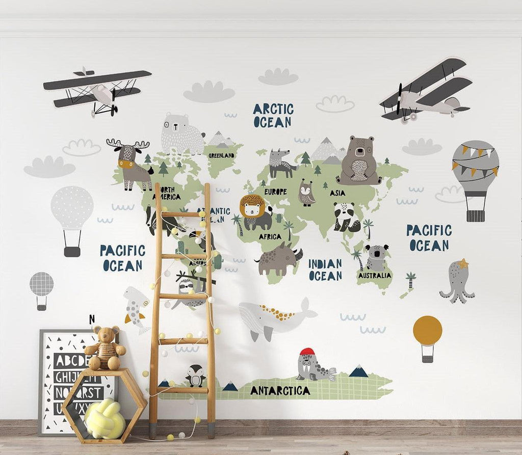 World Map Mural Wallpaper | Kids Adventure Theme with Animals