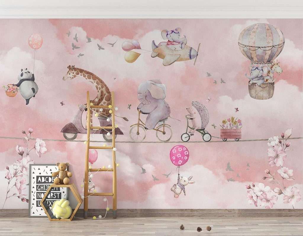 Kids Animal Mural Wallpaper | Adventure Parade in Pink Sky