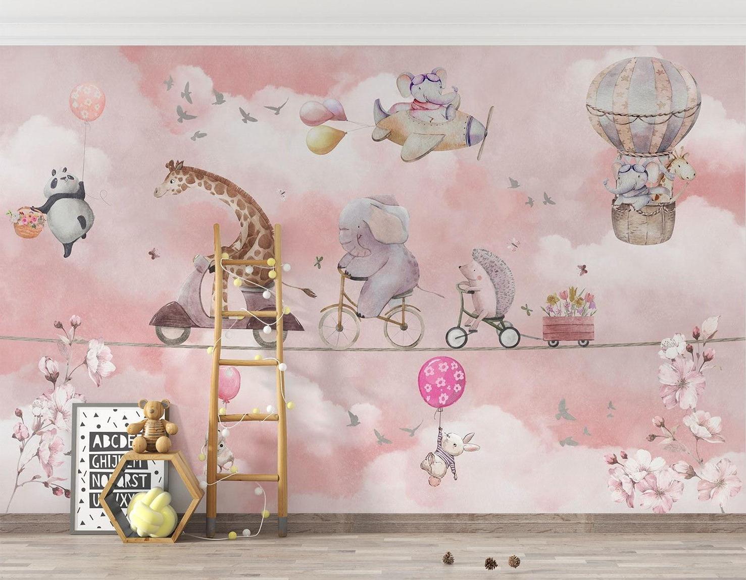 Kids Animal Mural Wallpaper | Adventure Parade in Pink Sky