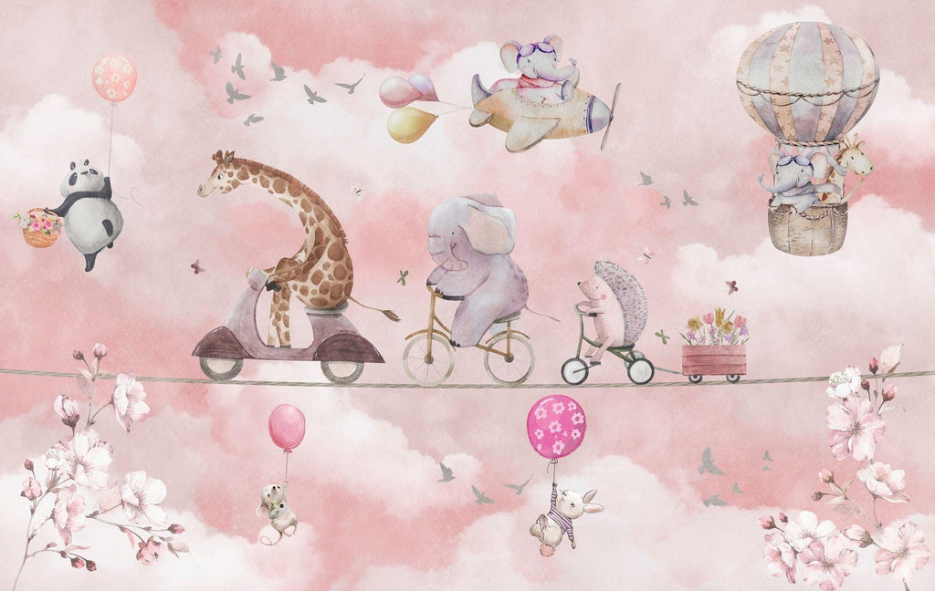 Kids Animal Mural Wallpaper | Adventure Parade in Pink Sky