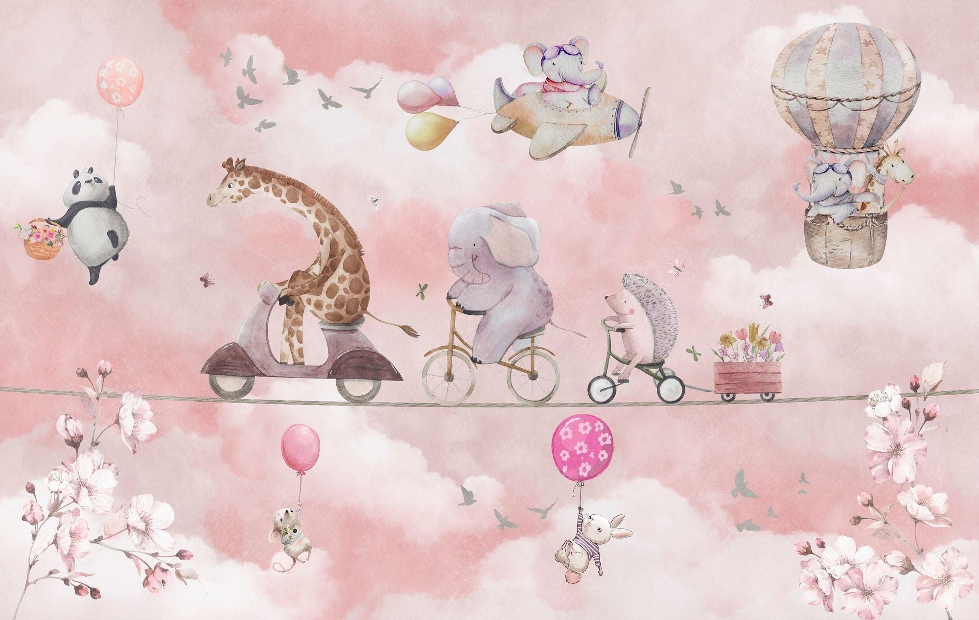 Kids Animal Mural Wallpaper | Adventure Parade in Pink Sky