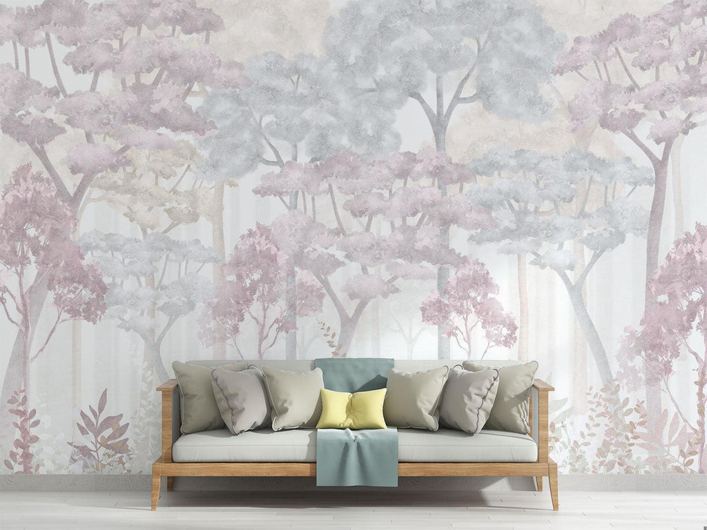 Forest Mural Wallpaper | Dreamy Pink and Grey Watercolor Trees