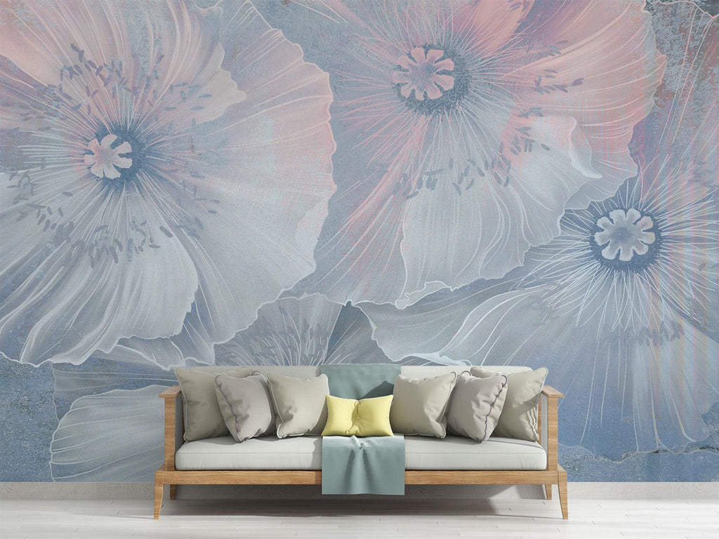 Floral Mural Wallpaper | Ethereal Blue and Pink Poppies