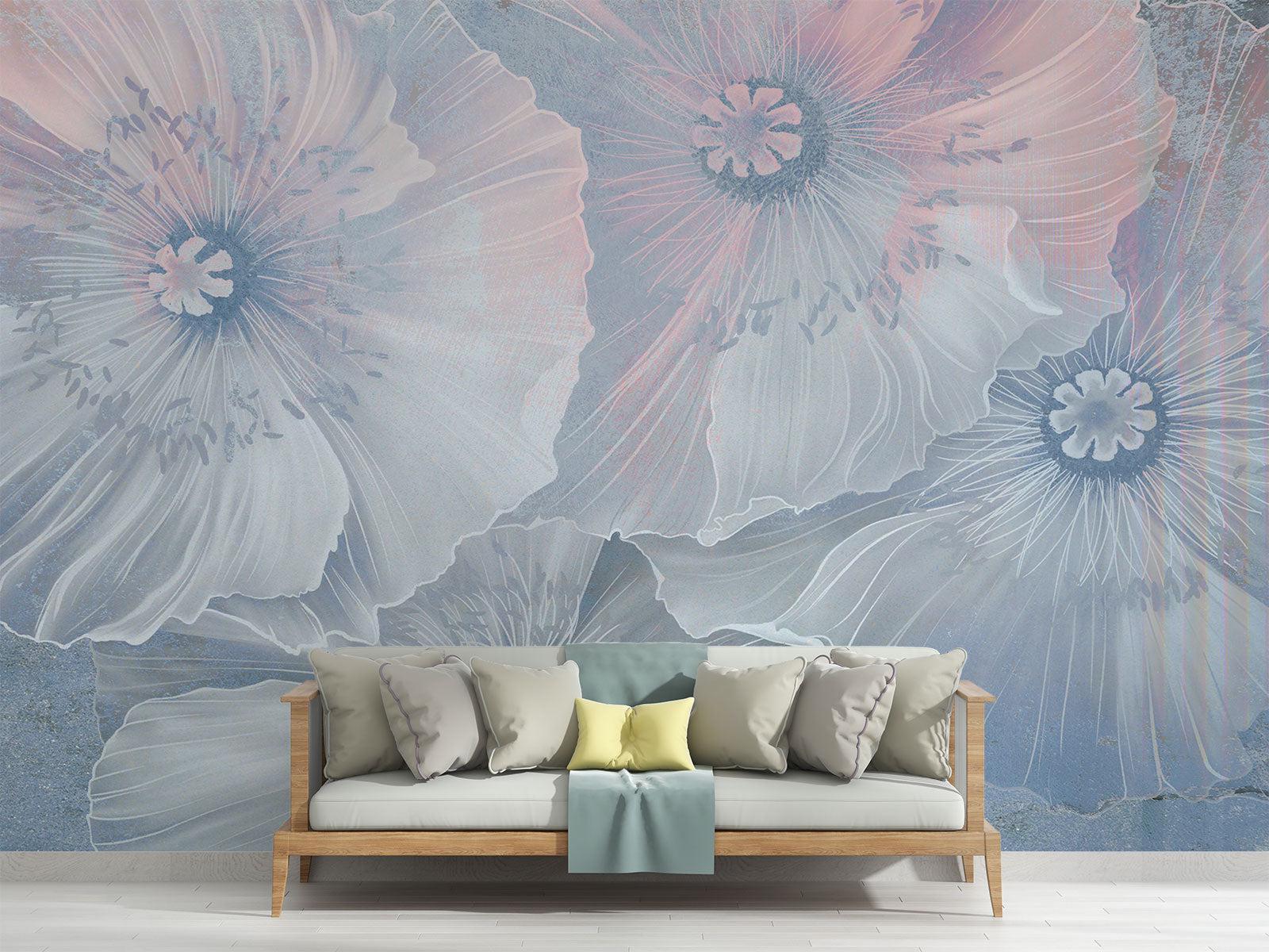 Floral Mural Wallpaper | Ethereal Blue and Pink Poppies