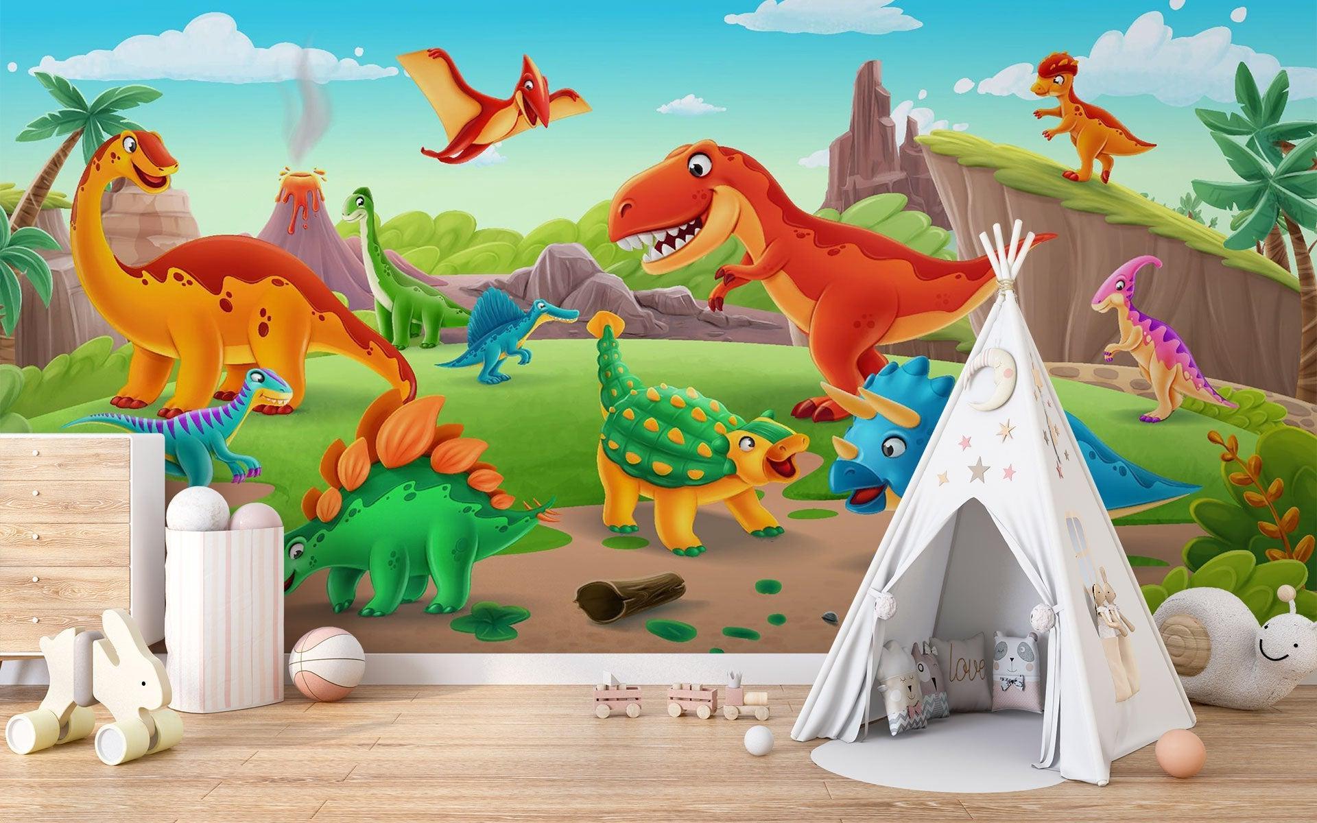 Dinosaur Mural Wallpaper | Colorful Prehistoric Adventure Scene