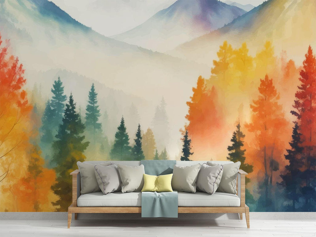 Forest Mural Wallpaper | Misty Mountain Watercolor Scene