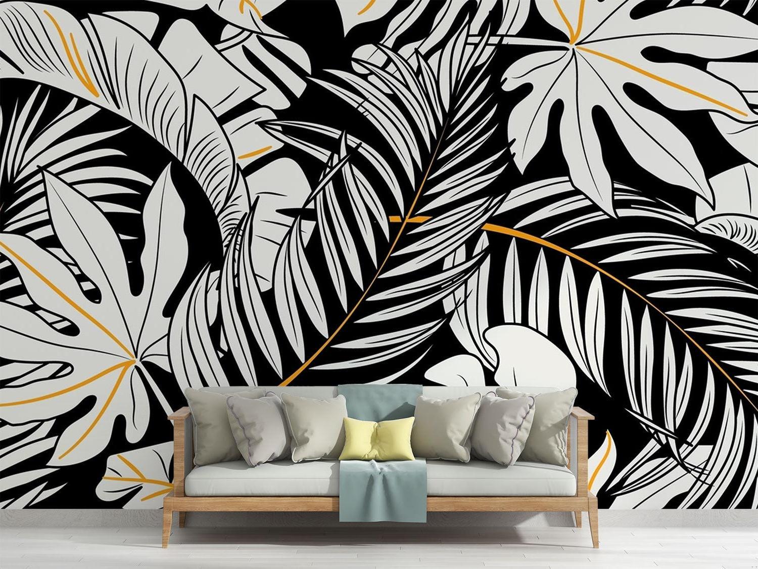 Tropical Mural Wallpaper | Black and White Monstera with Gold Accents