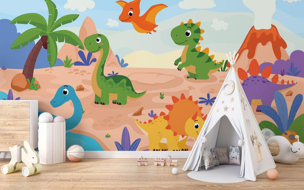 Dinosaur Mural Wallpaper | Cartoon Prehistoric Adventure Scene